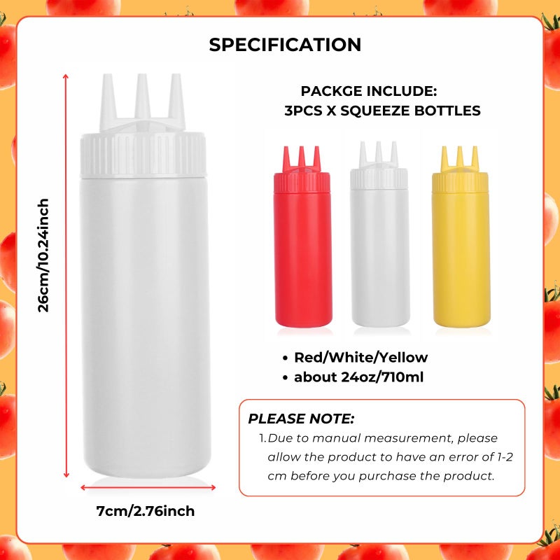 beyonday 3pcs Seasoning Squeeze Bottles, 3 Hole Ketchup Mustard Dressing Squeeze Squirt Bottles, Salad Sauce Condiment Cream Squeeze Bottles for Kitchen Restaurant Bakery (24oz, Multicolor) - Image 2